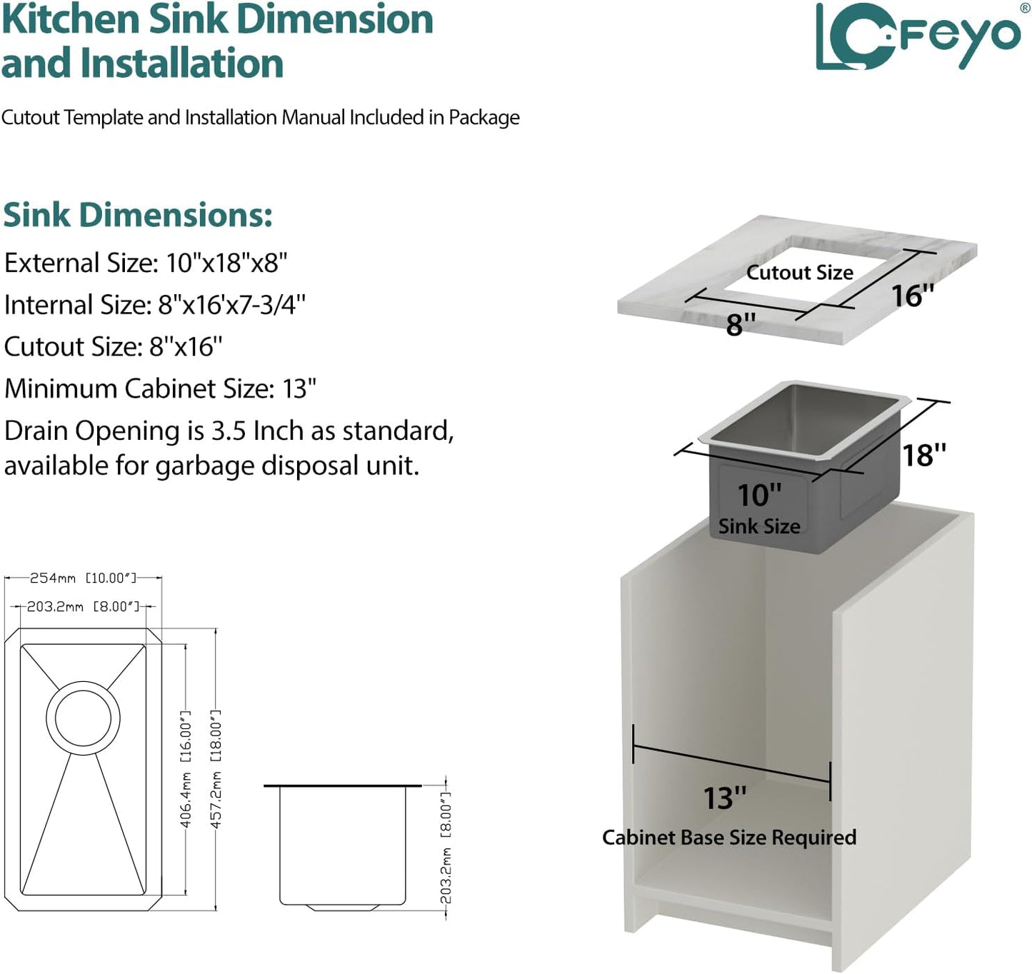 10in x 18in Stainless Bar Sink Undermount Wet Bar Prep Sink Stainless Steel 16 Gauge Deep Handmade Single Bowl Undermount Kitchen Sink Basin