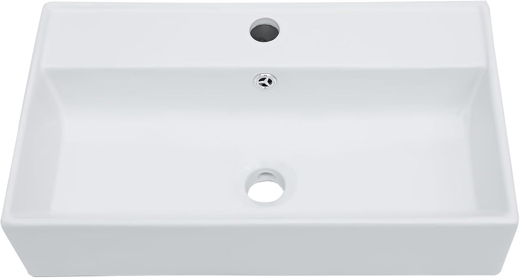 Vessel Sink, Lofeyo 21in x12in  Bathroom Wall Mount Floating Sink Rectangular White Porcelain Ceramic Vessel Vanity Sink Art Basin Middle Faucet Hole