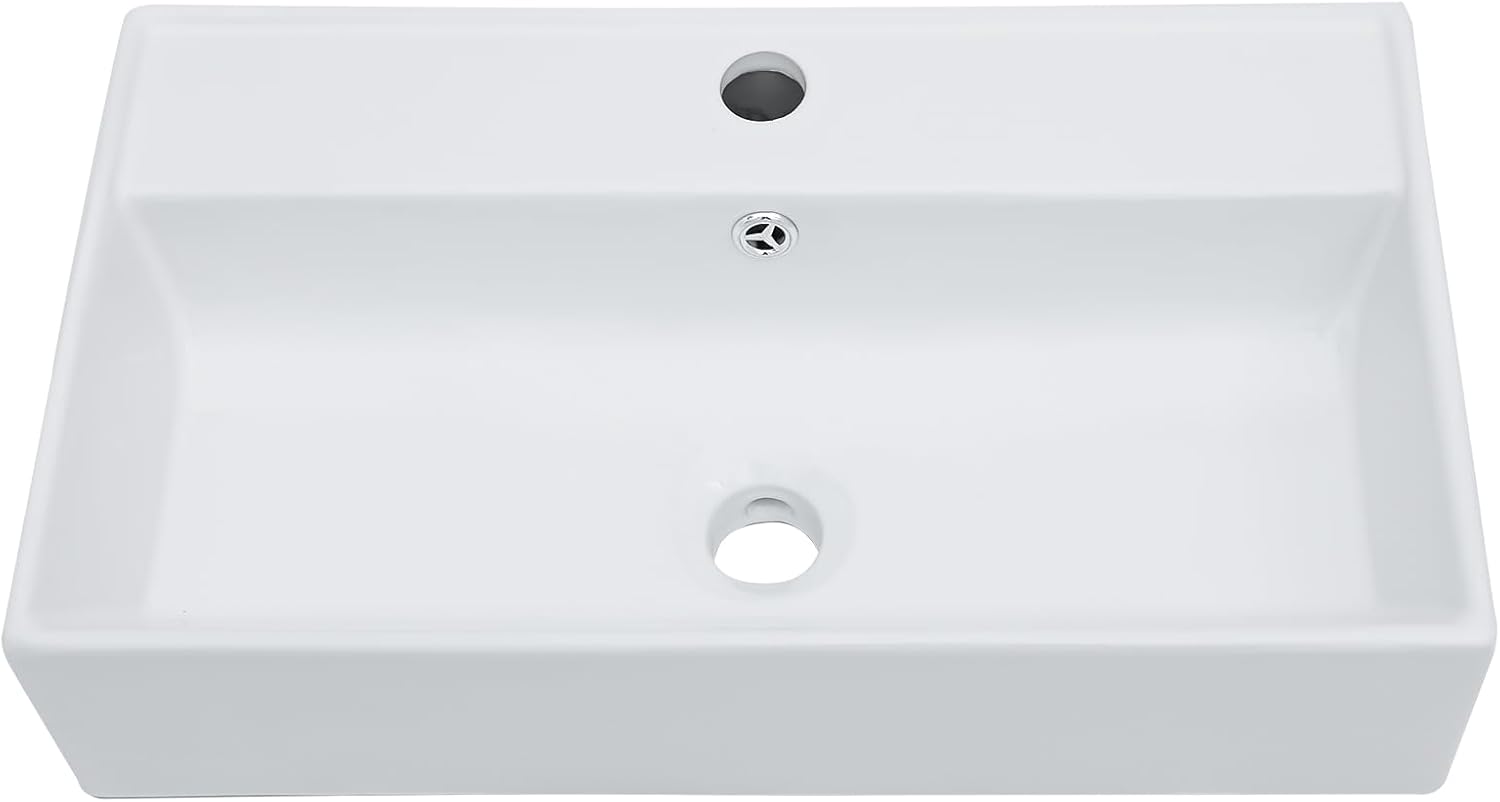 Vessel Sink, Lofeyo 21in x12in  Bathroom Wall Mount Floating Sink Rectangular White Porcelain Ceramic Vessel Vanity Sink Art Basin Middle Faucet Hole