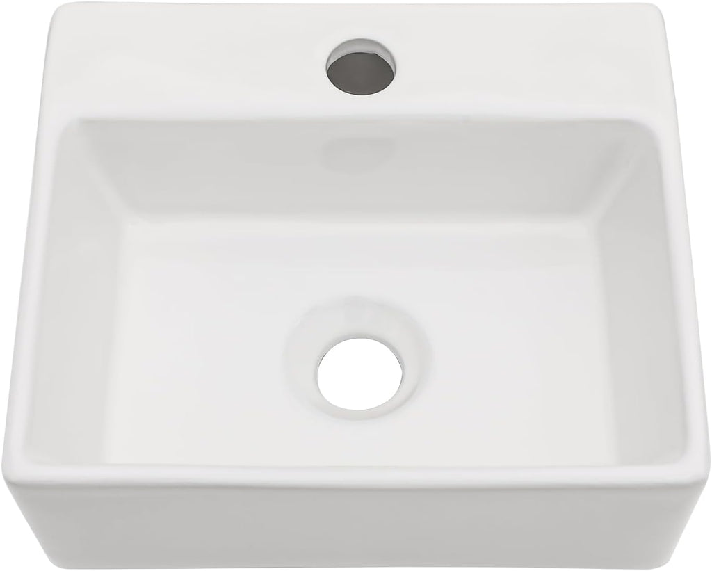13in x11in  Wall Mounted Vessel Sink Bathroom Wall Hung Sink Rectangular White Porcelain Ceramic Vessel Vanity Sink Art Basin Middle Faucet Hole