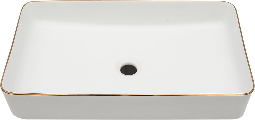 Bathroom Vessel Sink 24in x14in  Rectangular White Vessel Sink with Gold Rim Ceramic Porcelain Bowl Sinks for Bathrooms Above Counter Vessel Sink Rectangule Lavatory Vanity Sink Basin