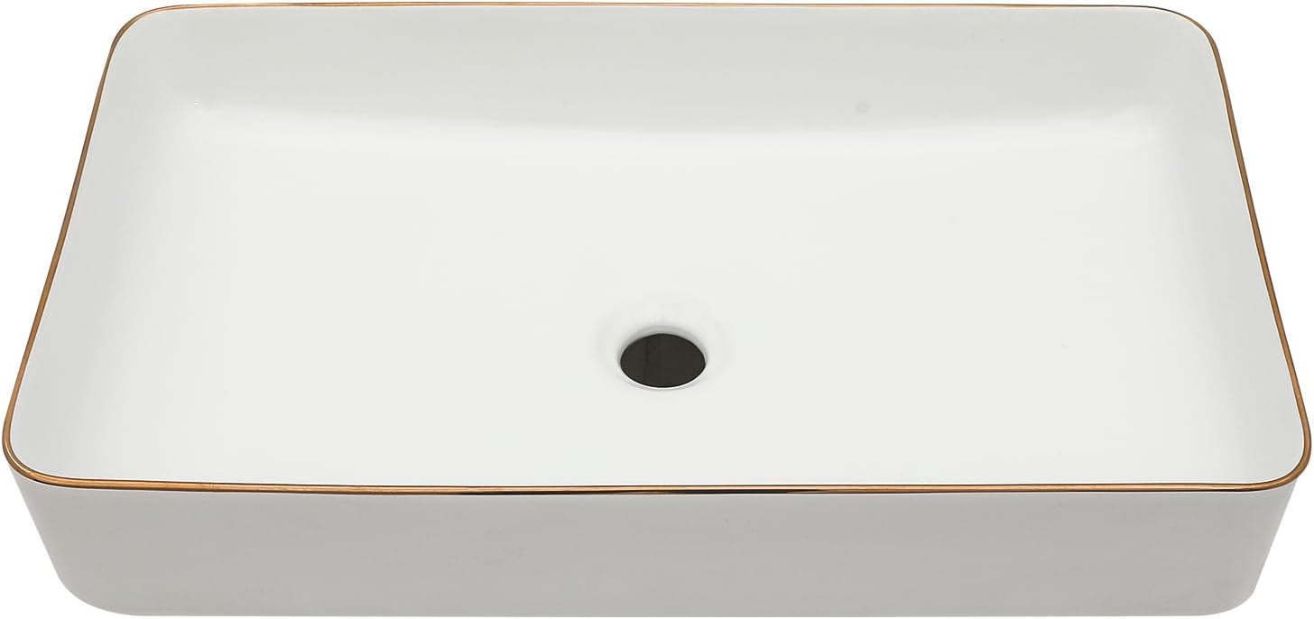 Bathroom Vessel Sink 24in x14in  Rectangular White Vessel Sink with Gold Rim Ceramic Porcelain Bowl Sinks for Bathrooms Above Counter Vessel Sink Rectangule Lavatory Vanity Sink Basin