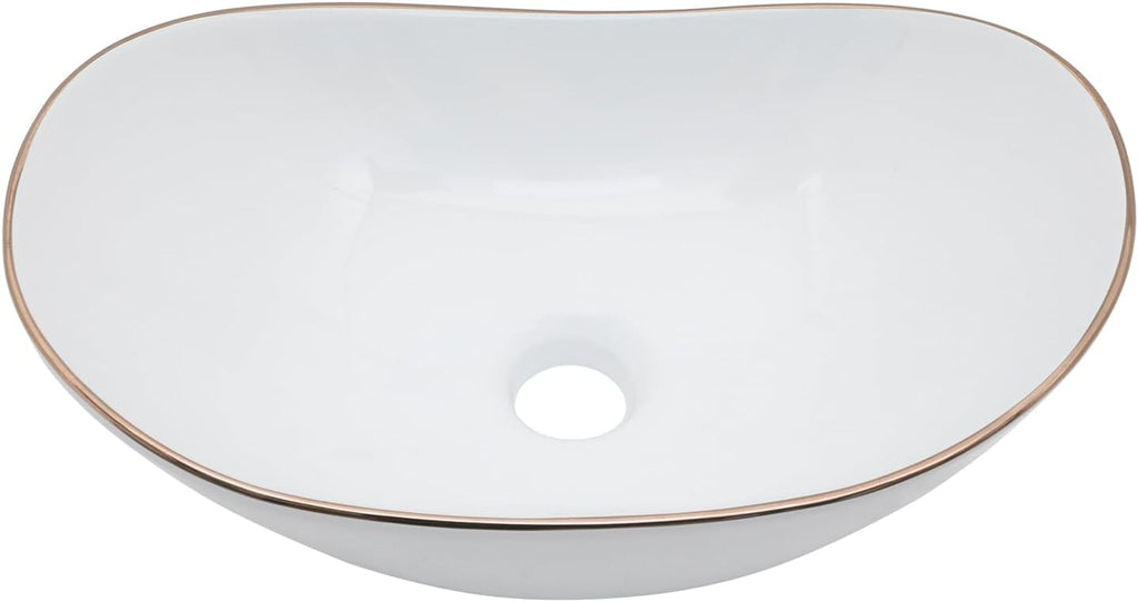 Bowl Sinks For Bathrooms 17in  x 11in  Oval White Vessel Sink With Gold Rim Modern Boat Shape Artistic Basin Bathroom Vessel Sink Above Counter Porcelain Ceramic Vessel Sink Small Deep Vessel Sink