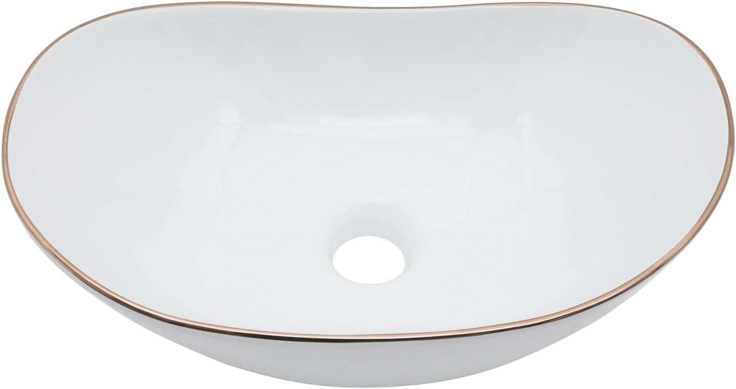 Bowl Sinks For Bathrooms 17in  x 11in  Oval White Vessel Sink With Gold Rim Modern Boat Shape Artistic Basin Bathroom Vessel Sink Above Counter Porcelain Ceramic Vessel Sink Small Deep Vessel Sink