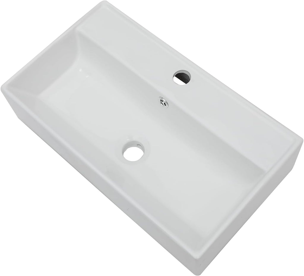 Vessel Sink, Lofeyo 21in x12in  Bathroom Wall Mount Floating Sink Rectangular White Porcelain Ceramic Vessel Vanity Sink Art Basin Middle Faucet Hole