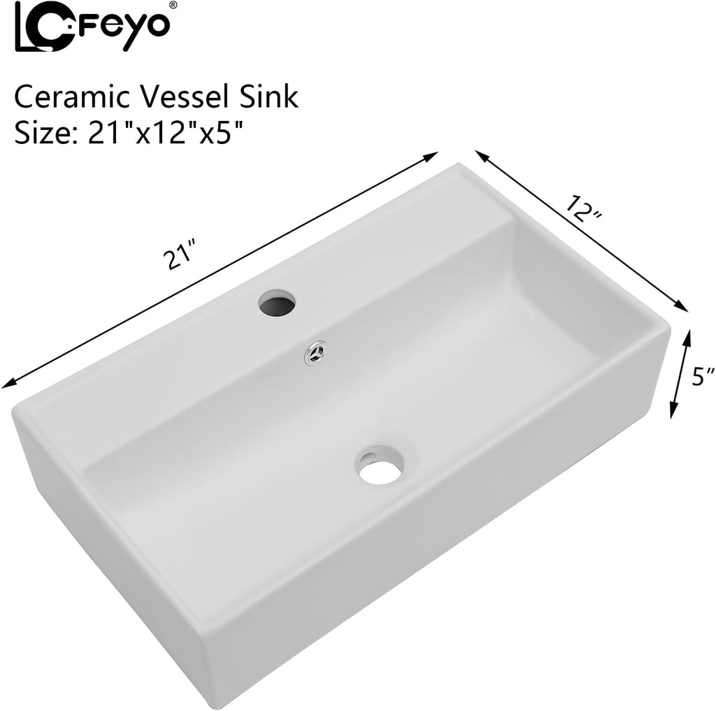 Vessel Sink, Lofeyo 21in x12in  Bathroom Wall Mount Floating Sink Rectangular White Porcelain Ceramic Vessel Vanity Sink Art Basin Middle Faucet Hole