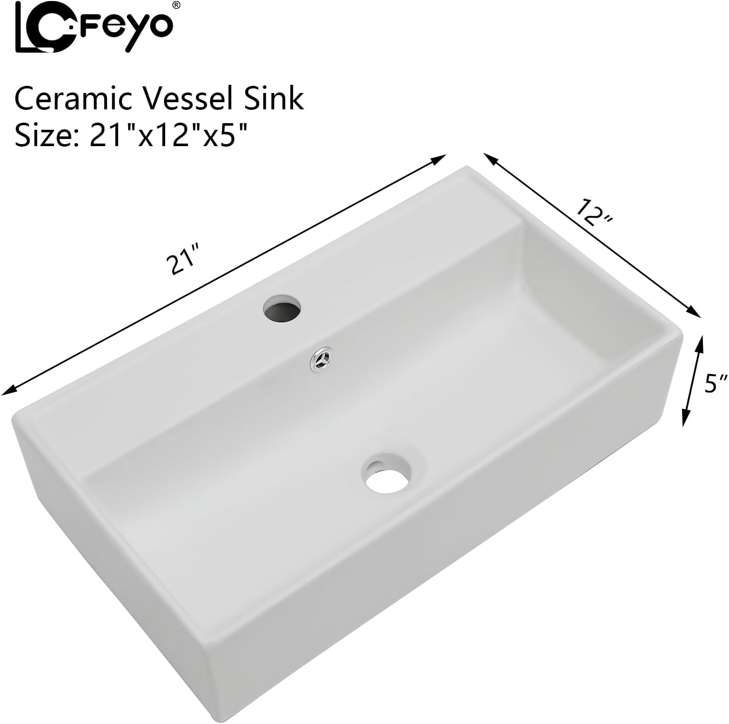 Vessel Sink, Lofeyo 21in x12in  Bathroom Wall Mount Floating Sink Rectangular White Porcelain Ceramic Vessel Vanity Sink Art Basin Middle Faucet Hole