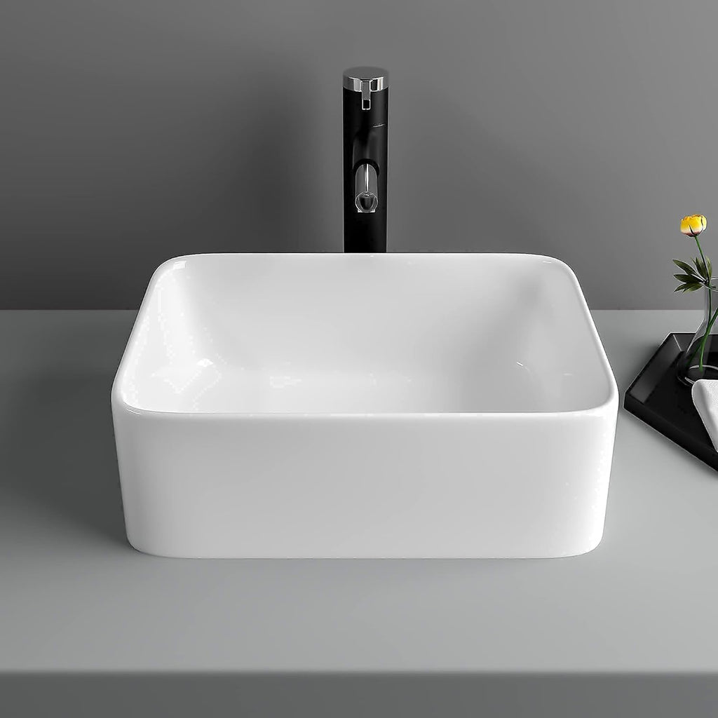 16in  x 12in  Vessel Sink Rectangle Bathroom Vessel Sink Countertop Rectangular White Ceramic Porcelain Farmhouse Lavatory Vanity Bath Sink Basin