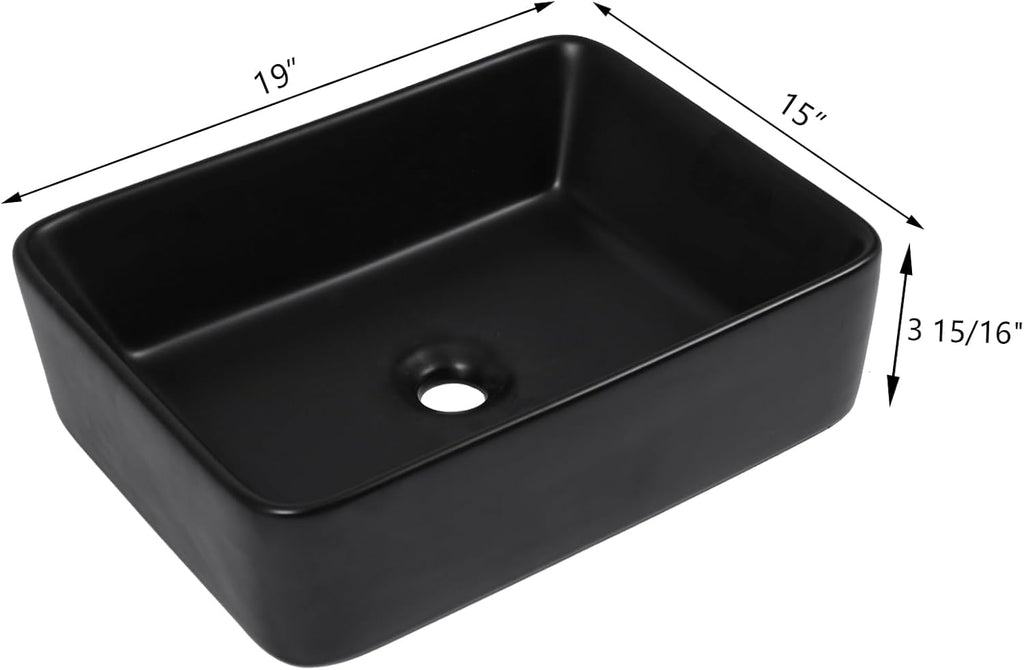 Black Bathroom Sink 19in x15in  Vessel Sink Rectangule Bowl Sinks for Bathrooms Ceramic Above Counter Rectangular Vessel Bathroom Sink Porcelain Modern Large Sink Basin Lavatory Vanity Matte Black