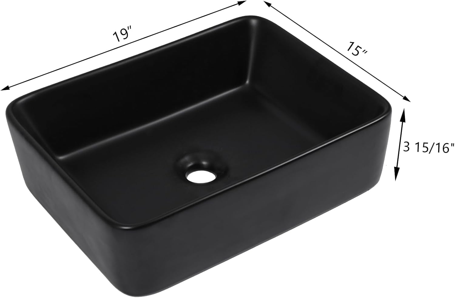 Black Bathroom Sink 19in x15in  Vessel Sink Rectangule Bowl Sinks for Bathrooms Ceramic Above Counter Rectangular Vessel Bathroom Sink Porcelain Modern Large Sink Basin Lavatory Vanity Matte Black