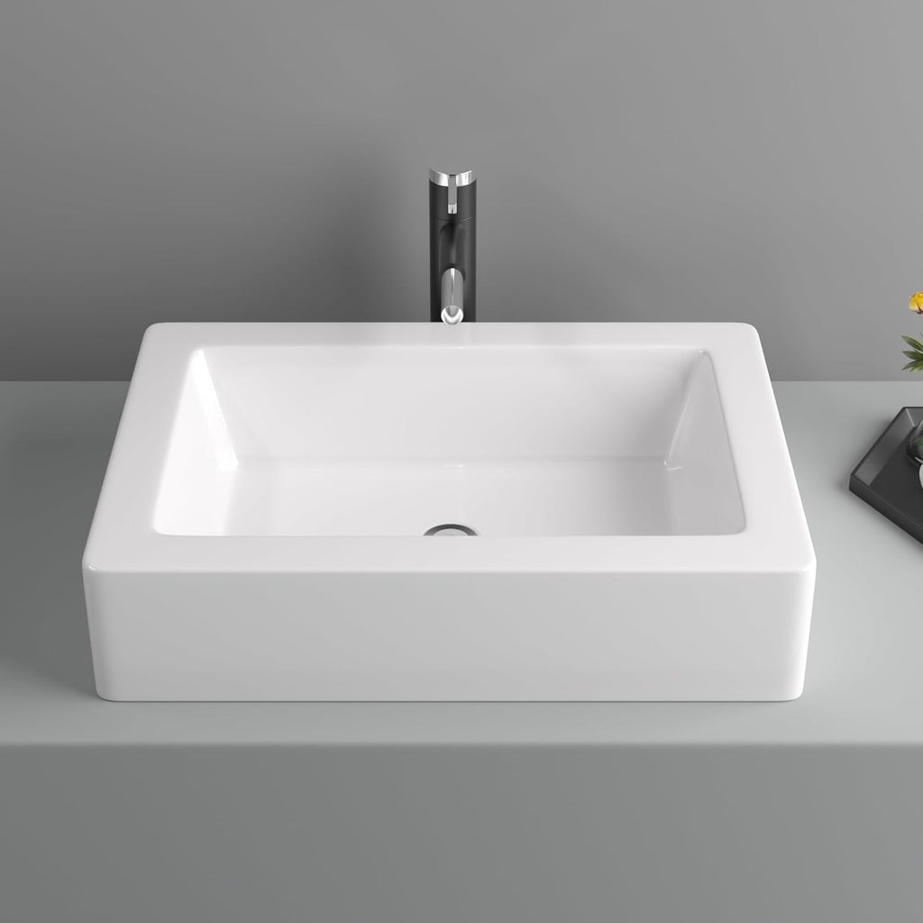 22in x15in  White Vessel Sink Rectangle Bathroom Sink Above Counter Porcelain Ceramic Small Sink Bowl Ceramic Rectangular Vessel Sinks for Bathrooms