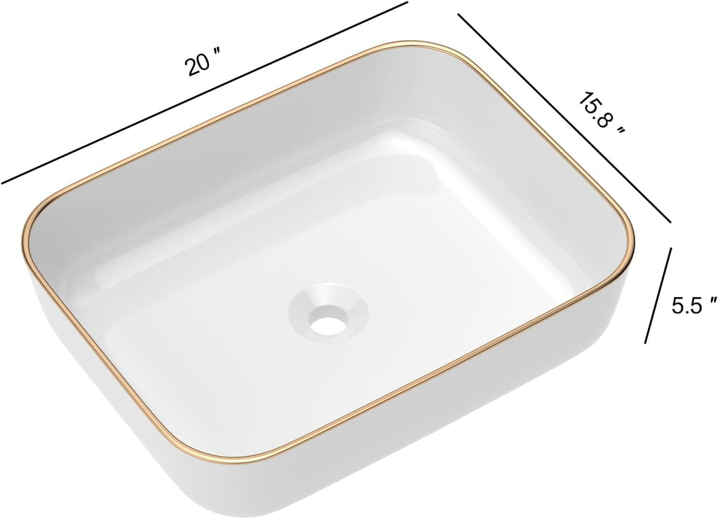 Bathroom Vessel Sink 19in x15in  Rectangule Bowl Sinks for Bathrooms With Gold Rim White Vessel Sink Above Counter Rectangular Ceramic Vessel Bathroom Sink Porcelain Lavatory Vanity Sink Basin