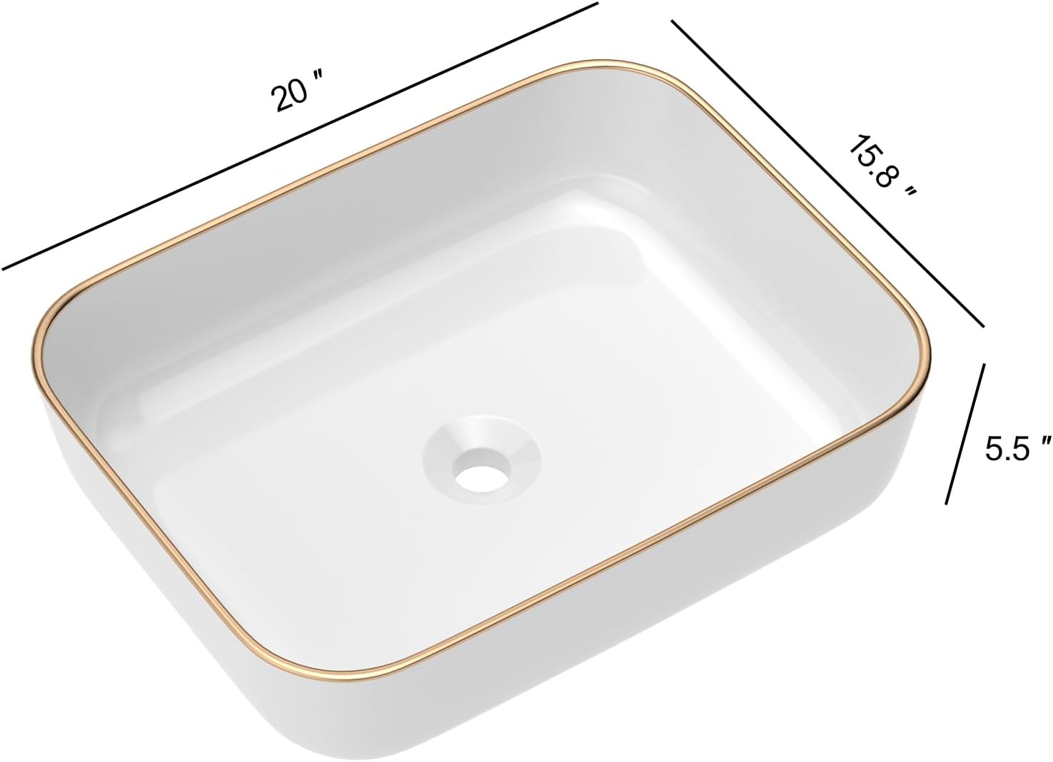 Bathroom Vessel Sink 19in x15in  Rectangule Bowl Sinks for Bathrooms With Gold Rim White Vessel Sink Above Counter Rectangular Ceramic Vessel Bathroom Sink Porcelain Lavatory Vanity Sink Basin