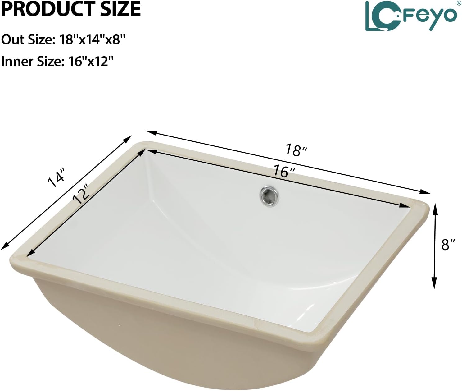 Undermount Bathroom Sink-Lofeyo 18''x14'' White Rectangle Bathroom Sink Porcelain Ceramic Sink Vanity Basin Lavatory Sink Rectangular Vessel Sink