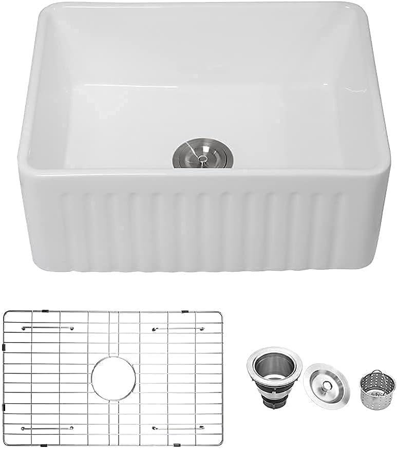24 White Farmhouse Sink, Lofeyo 24 Inch Utility Laundry Sink Apron Front Reversible Single Bowl Fireclay Ceramic Porcelain Sink for Kitchen Laundry Room