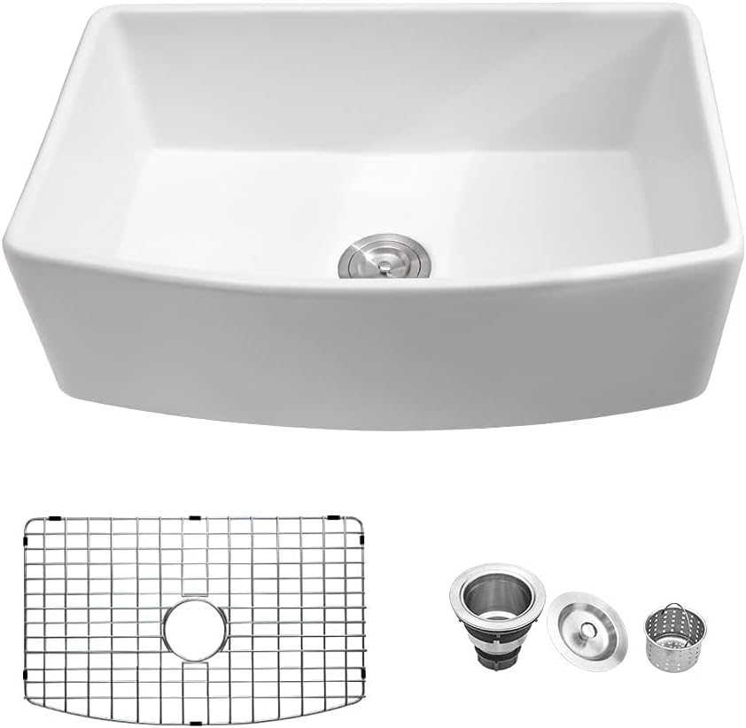 33 Farmhouse Sink White - Lofeyo 33 x 19 Inch Farm Kitchen Sink Curved Apron Front Fireclay Ceramic Porcelain Single Bowl Farmer Kitcehn Sink Basin