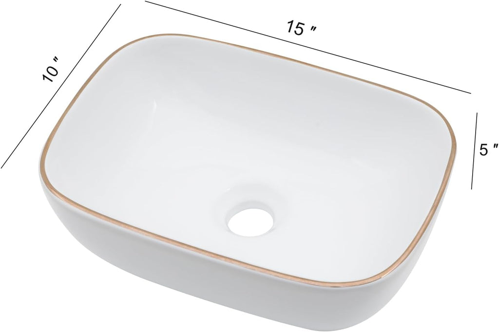Bowl Sink for Bathroom 15in  x 10in  Rectangle Boat Shape White Vessel Sink with Gold Rim Above Counter Porcelain Ceramic Round Oval Modern Artistic Basin Bowl Sink LOF-15105-GB