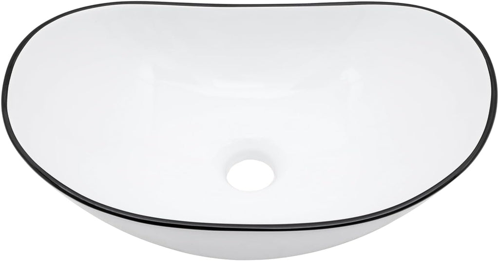 Bowl Sinks For Bathrooms 17in x11in  Oval White Vessel Sink With Black Rim Modern Boat Shape Artistic Basin Bathroom Vessel Sink Above Counter Porcelain Ceramic Vessel Sink Small Deep Vessel Sink