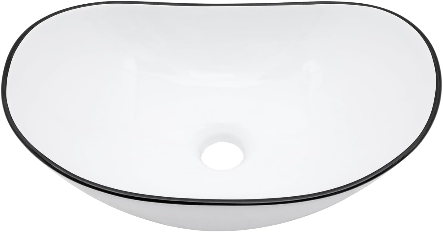 Bowl Sinks For Bathrooms 17in x11in  Oval White Vessel Sink With Black Rim Modern Boat Shape Artistic Basin Bathroom Vessel Sink Above Counter Porcelain Ceramic Vessel Sink Small Deep Vessel Sink