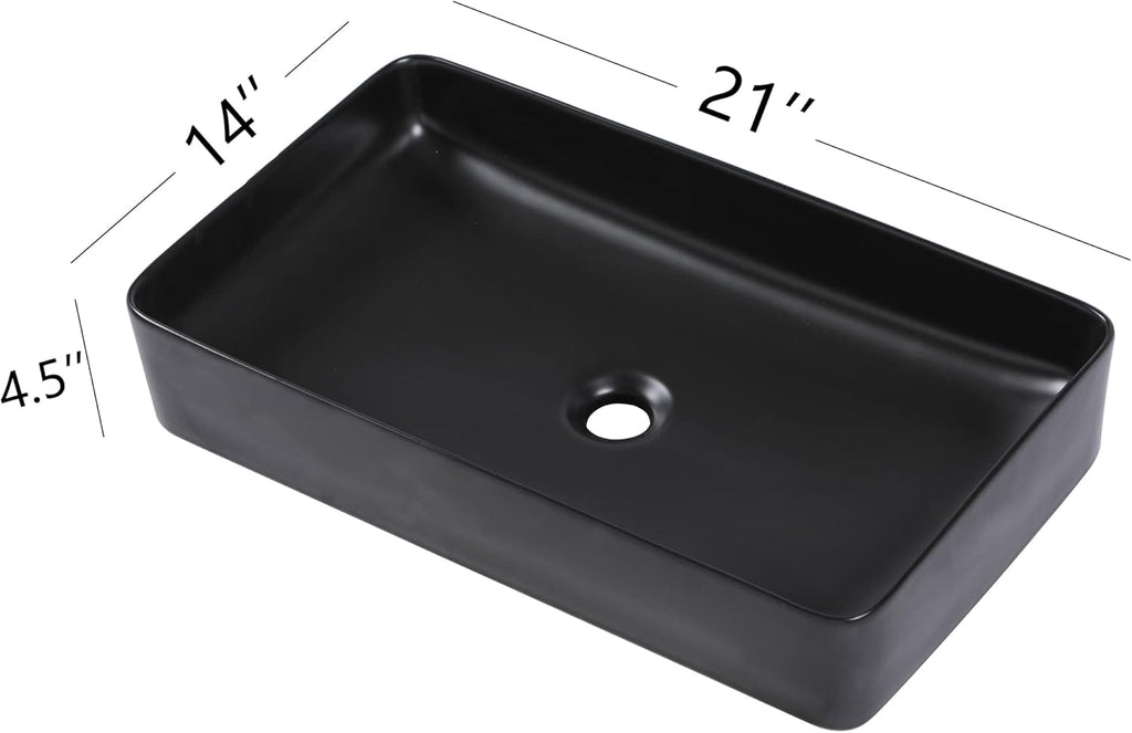 24in x14in  Black Bathroom Vessel Sink Rectangle Bathroom Sink Porcelain Ceramic Vessel Sink Above Counter Vessel Sink Bowl for Vanity Powder Room Cabinet Lavatory Matte Black