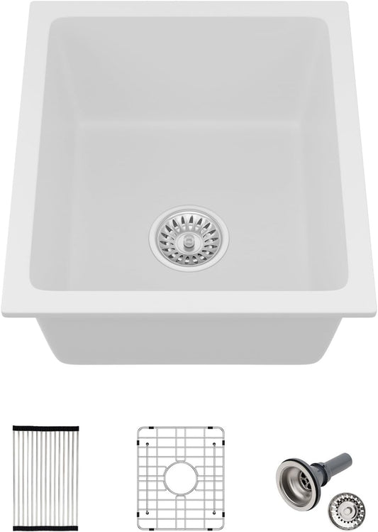 15 Granite Composite Bar Sink White - Lofeyo 15 inch Small Granite Sink Undermount Quartz Classic Under Counter Ledge Single Bowl Kitchen Sinks Basin(15in x18in )