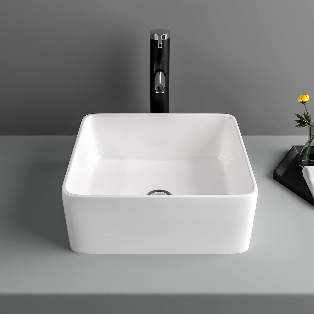 15in x15in  Square Vessel Sink Bathroom Sink Above Counter White Ceramic Porcelain Lavatory Vanity Vessel Sink Basin