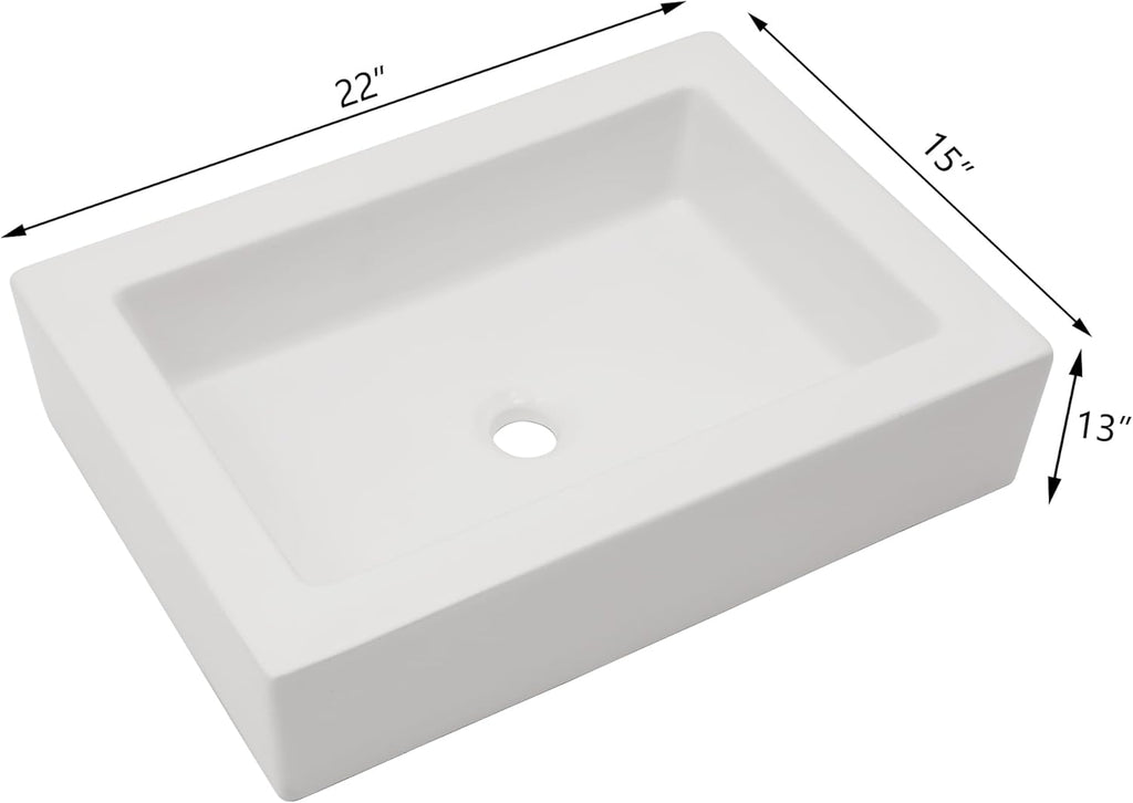 22in x15in  White Vessel Sink Rectangle Bathroom Sink Above Counter Porcelain Ceramic Small Sink Bowl Ceramic Rectangular Vessel Sinks for Bathrooms