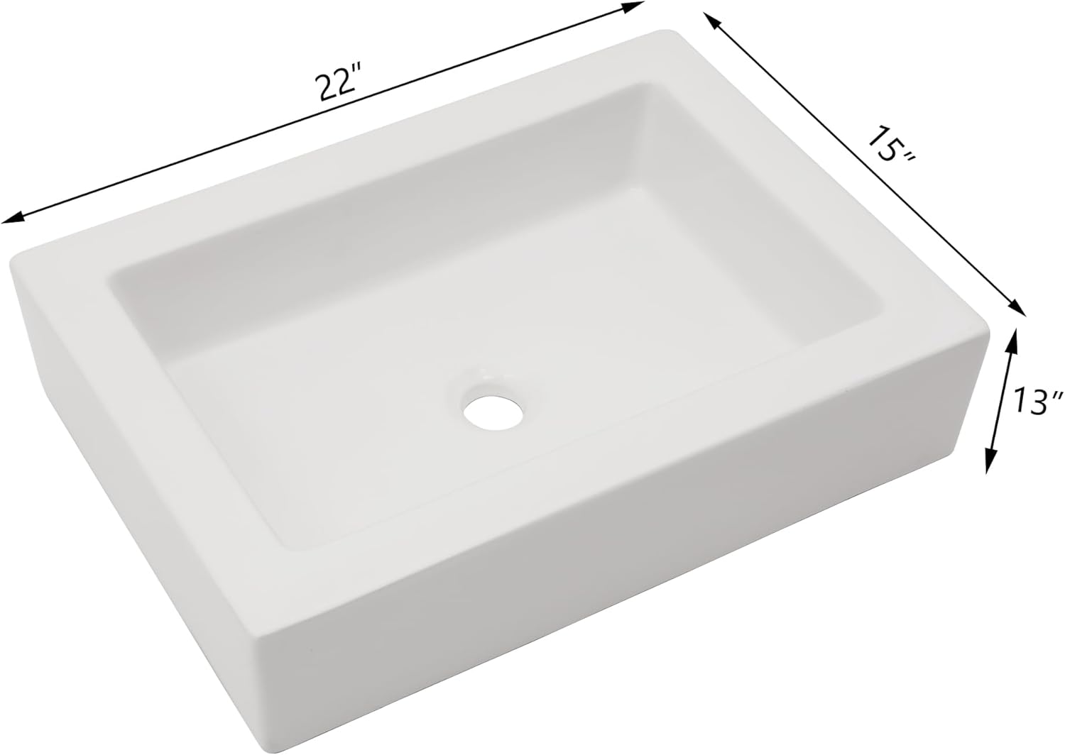 22in x15in  White Vessel Sink Rectangle Bathroom Sink Above Counter Porcelain Ceramic Small Sink Bowl Ceramic Rectangular Vessel Sinks for Bathrooms