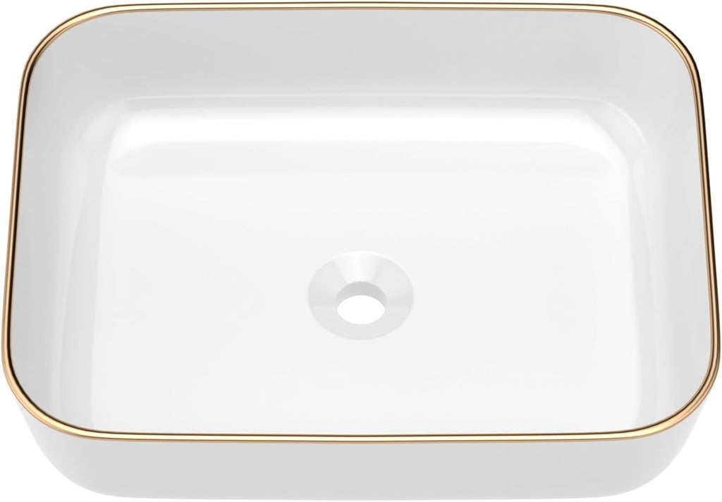 Bathroom Vessel Sink 19in x15in  Rectangule Bowl Sinks for Bathrooms With Gold Rim White Vessel Sink Above Counter Rectangular Ceramic Vessel Bathroom Sink Porcelain Lavatory Vanity Sink Basin