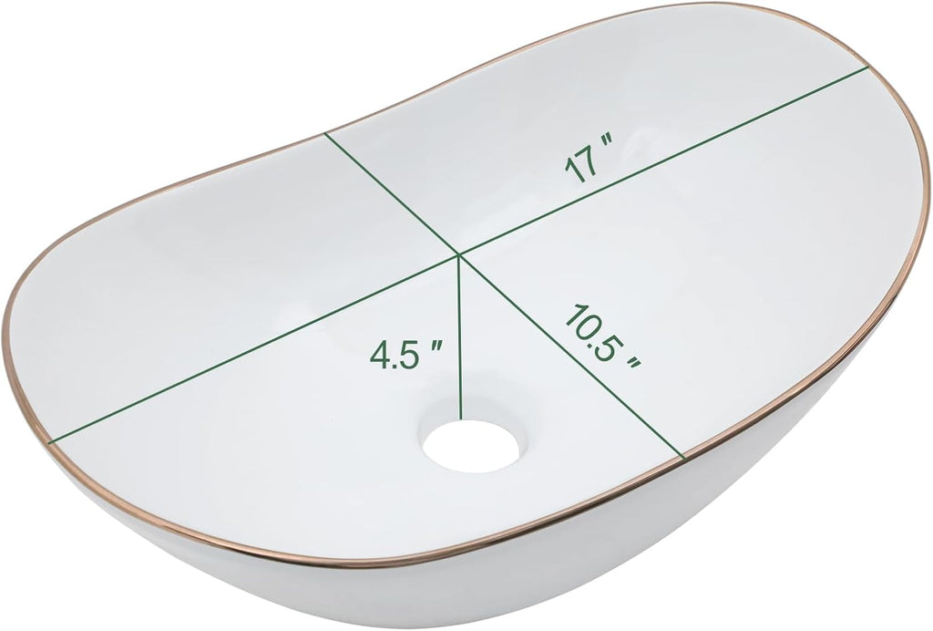 Bowl Sinks For Bathrooms 17in  x 11in  Oval White Vessel Sink With Gold Rim Modern Boat Shape Artistic Basin Bathroom Vessel Sink Above Counter Porcelain Ceramic Vessel Sink Small Deep Vessel Sink