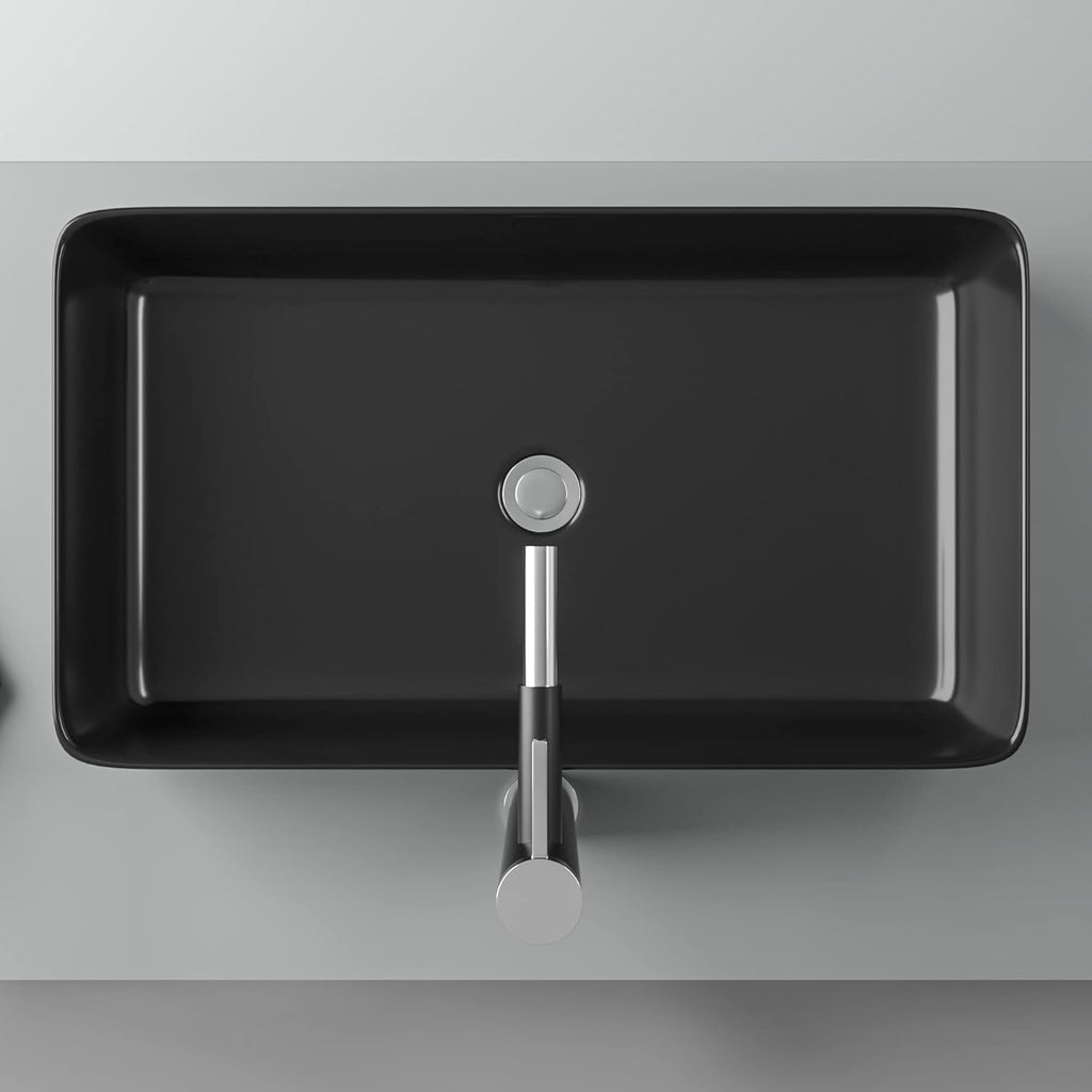 24in x14in  Black Bathroom Vessel Sink Rectangle Bathroom Sink Porcelain Ceramic Vessel Sink Above Counter Vessel Sink Bowl for Vanity Powder Room Cabinet Lavatory Matte Black