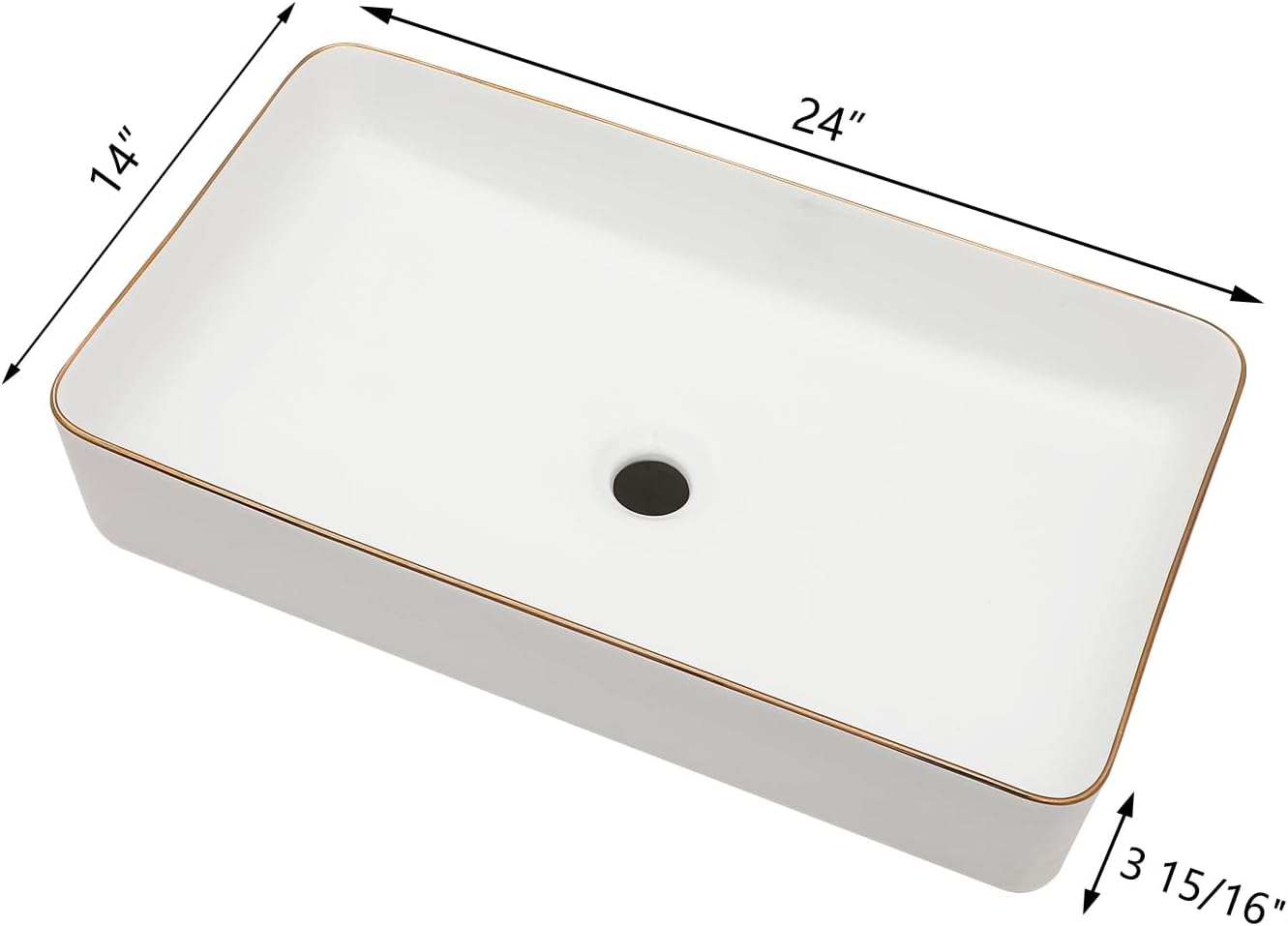 Bathroom Vessel Sink 24in x14in  Rectangular White Vessel Sink with Gold Rim Ceramic Porcelain Bowl Sinks for Bathrooms Above Counter Vessel Sink Rectangule Lavatory Vanity Sink Basin