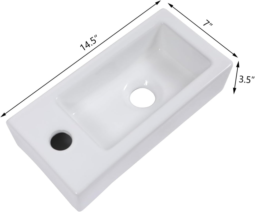 15 Inch Wall-Mounted Vessel Sinks, Lofeyo Bathroom Floating White Ceramic Porcelain Vanity Sink Art Basin with Left Single Faucet Hole