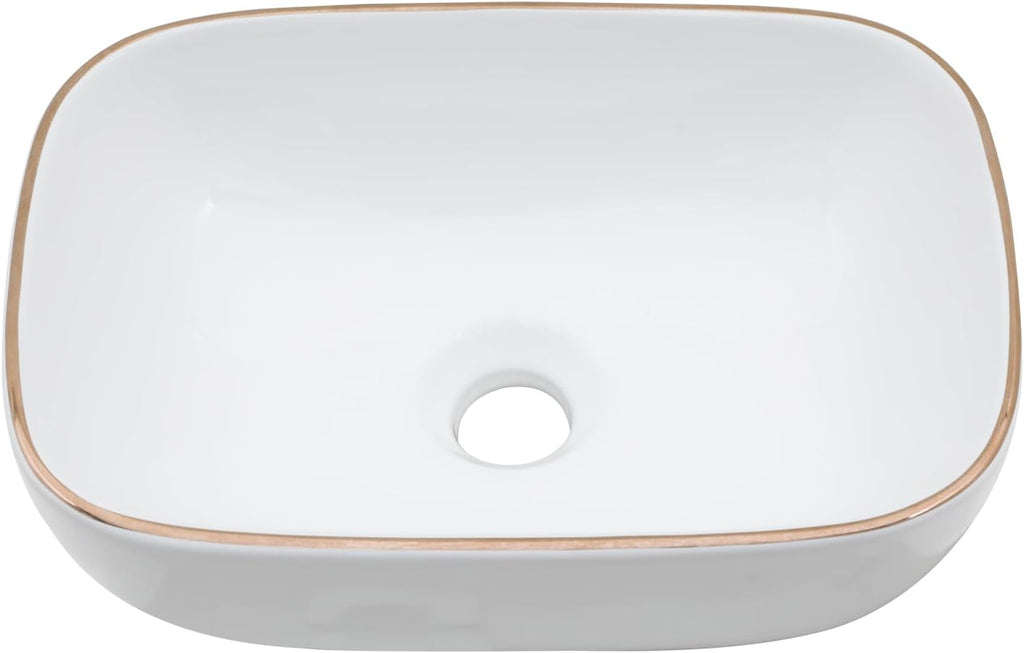 Bowl Sink for Bathroom 15in  x 10in  Rectangle Boat Shape White Vessel Sink with Gold Rim Above Counter Porcelain Ceramic Round Oval Modern Artistic Basin Bowl Sink LOF-15105-GB