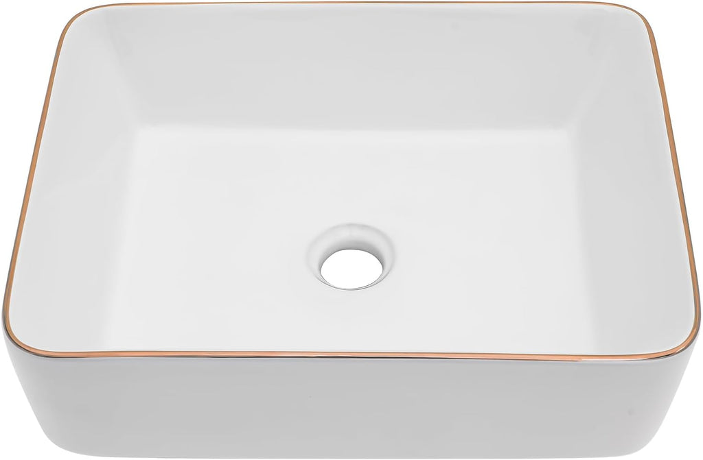 19in x15in  Bathroom Vessel Sink Rectangular Bowl Sinks for Bathrooms Above Counter Vessel Sink Rectangule White Golden Edge Ceramic Porcelain Lavatory Vanity Sink Basin