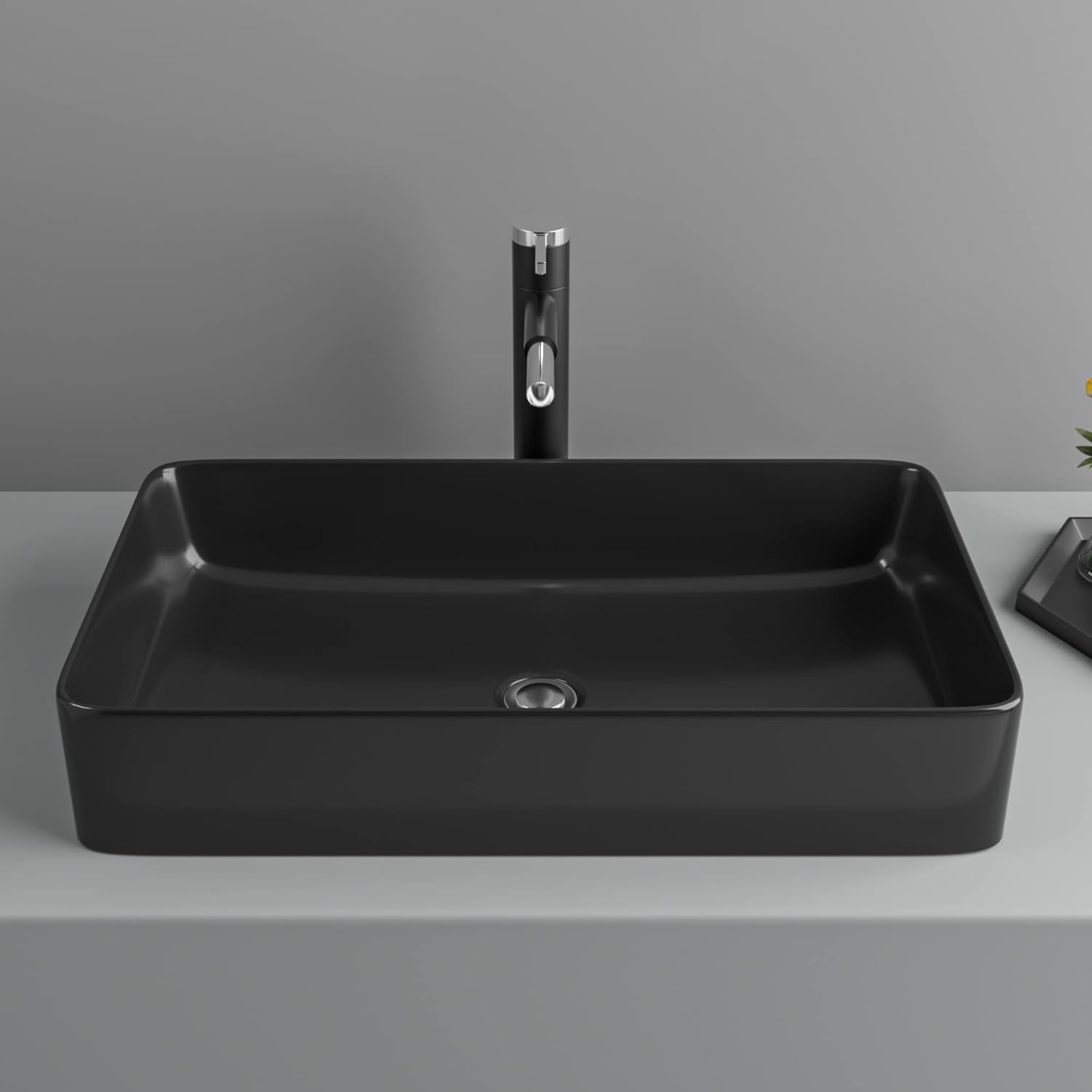 24in x14in  Black Bathroom Vessel Sink Rectangle Bathroom Sink Porcelain Ceramic Vessel Sink Above Counter Vessel Sink Bowl for Vanity Powder Room Cabinet Lavatory Matte Black