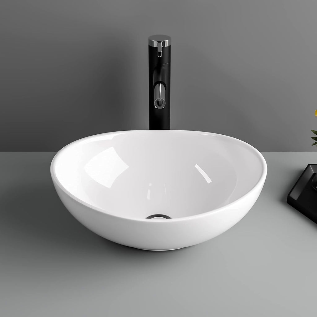 16in x13in  Bowl sinks for bathrooms Egg Shape Above Counter Vessel Sink Oval Vessel Sink White Ceramic Porcelain Small Bathroom Lavatory Vanity Vessel Sink Bowl Basin
