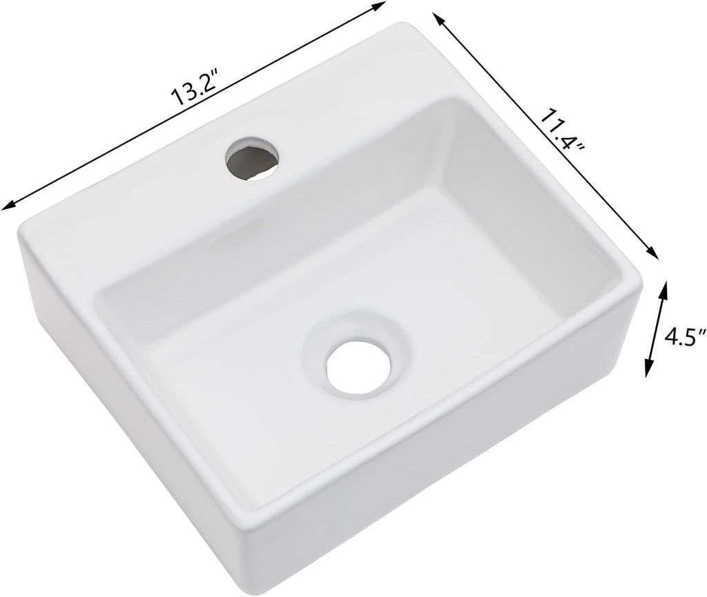 13in x11in  Wall Mounted Vessel Sink Bathroom Wall Hung Sink Rectangular White Porcelain Ceramic Vessel Vanity Sink Art Basin Middle Faucet Hole