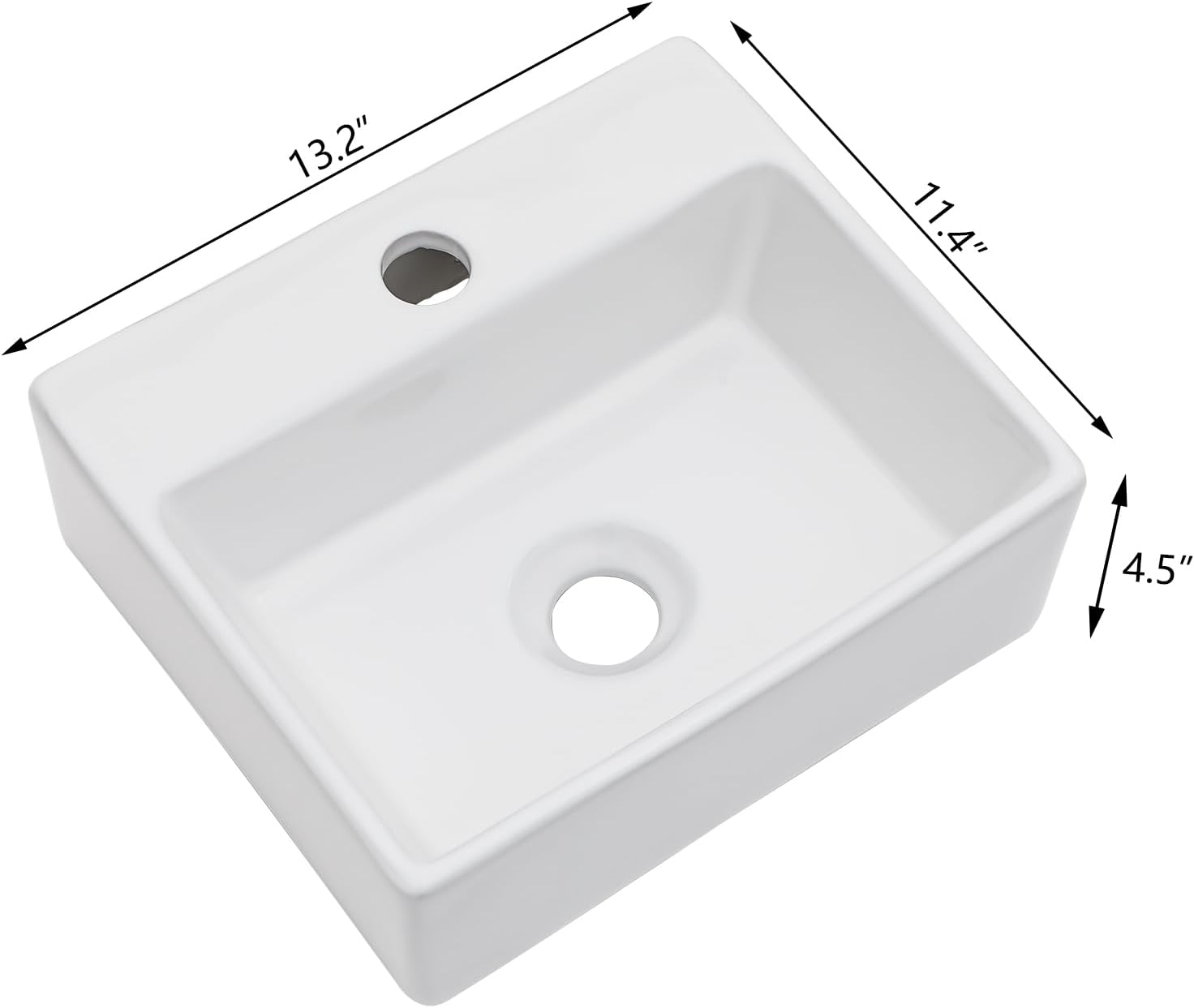 13in x11in  Wall Mounted Vessel Sink Bathroom Wall Hung Sink Rectangular White Porcelain Ceramic Vessel Vanity Sink Art Basin Middle Faucet Hole