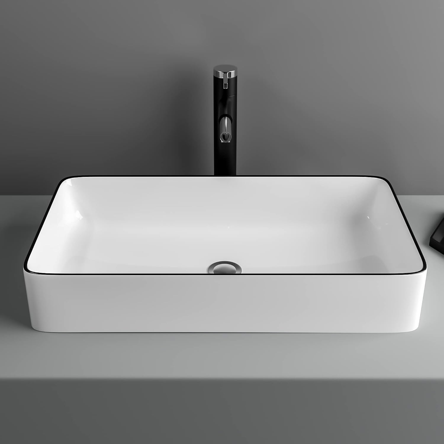 24in x14in  Vessel Sink Rectangular Bathroom Vessel Sink Rectangular White Black Ceramic Above Counter Porcelain Lavatory Vanity Sink Basin