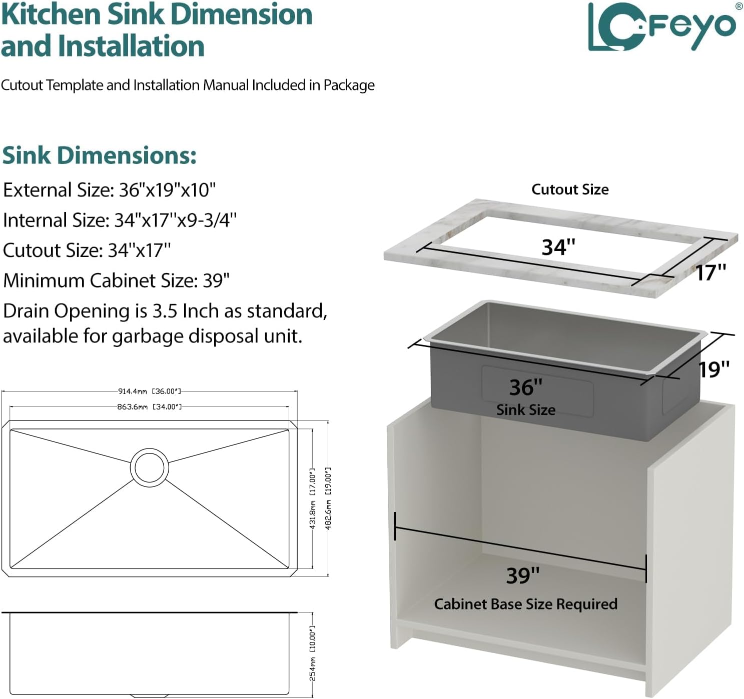 36in  Undermount Kitchen Sink Lofeyo 36in x19in  16 Gauge 304 Stainless Steel Kitchen Sink Handmade Single Bowl Deep Kitchen Sink with Round Corners Under Counter Modern Large Kitchen Sink Basin