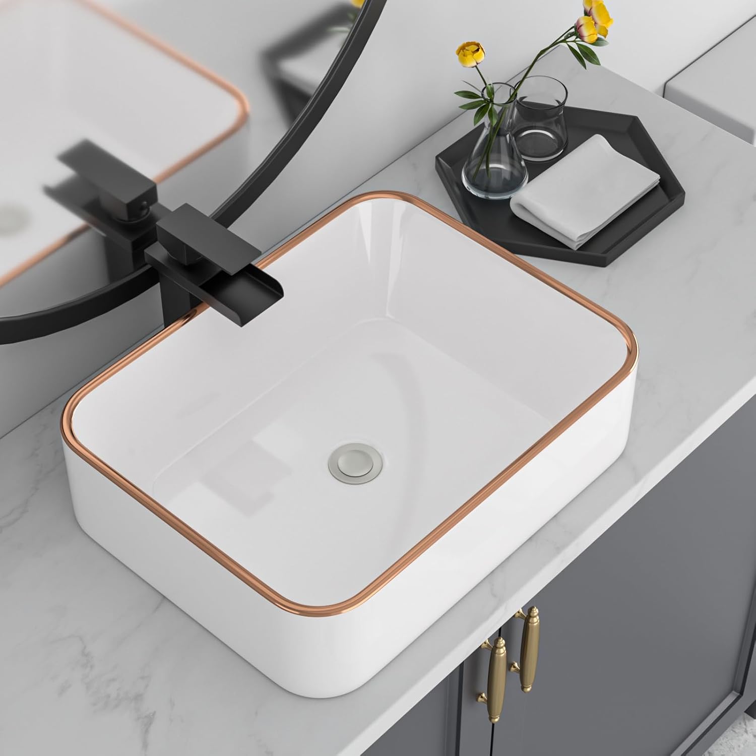 19in x15in  Bathroom Vessel Sink Rectangular Bowl Sinks for Bathrooms Above Counter Vessel Sink Rectangule White Golden Edge Ceramic Porcelain Lavatory Vanity Sink Basin