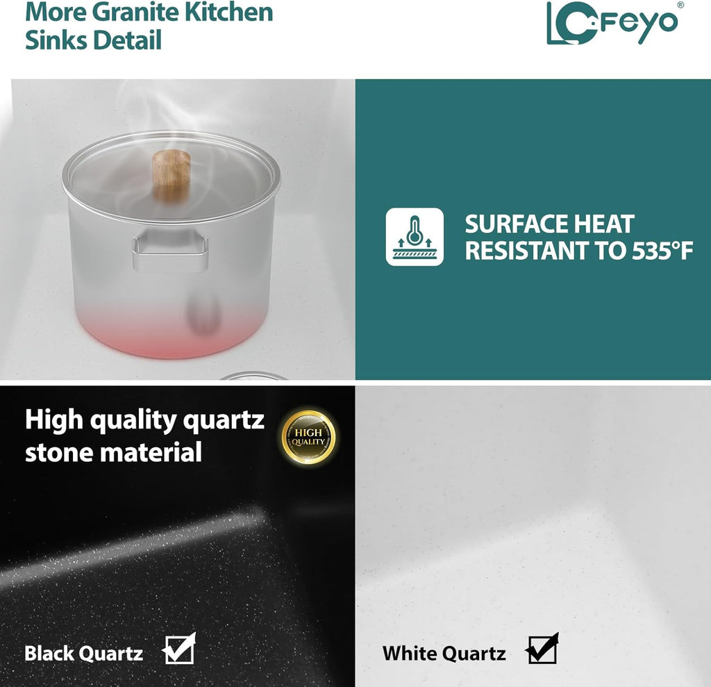 30 White Undermount Kitchen Sink 30in x19in  Workstation Granite Composite Quartz Sink Granite Sink Undermount Quartz Modern Under Counter Ledge Single Bowl Kitchen Sinks Basin Deep Sink,LOF-Q497B