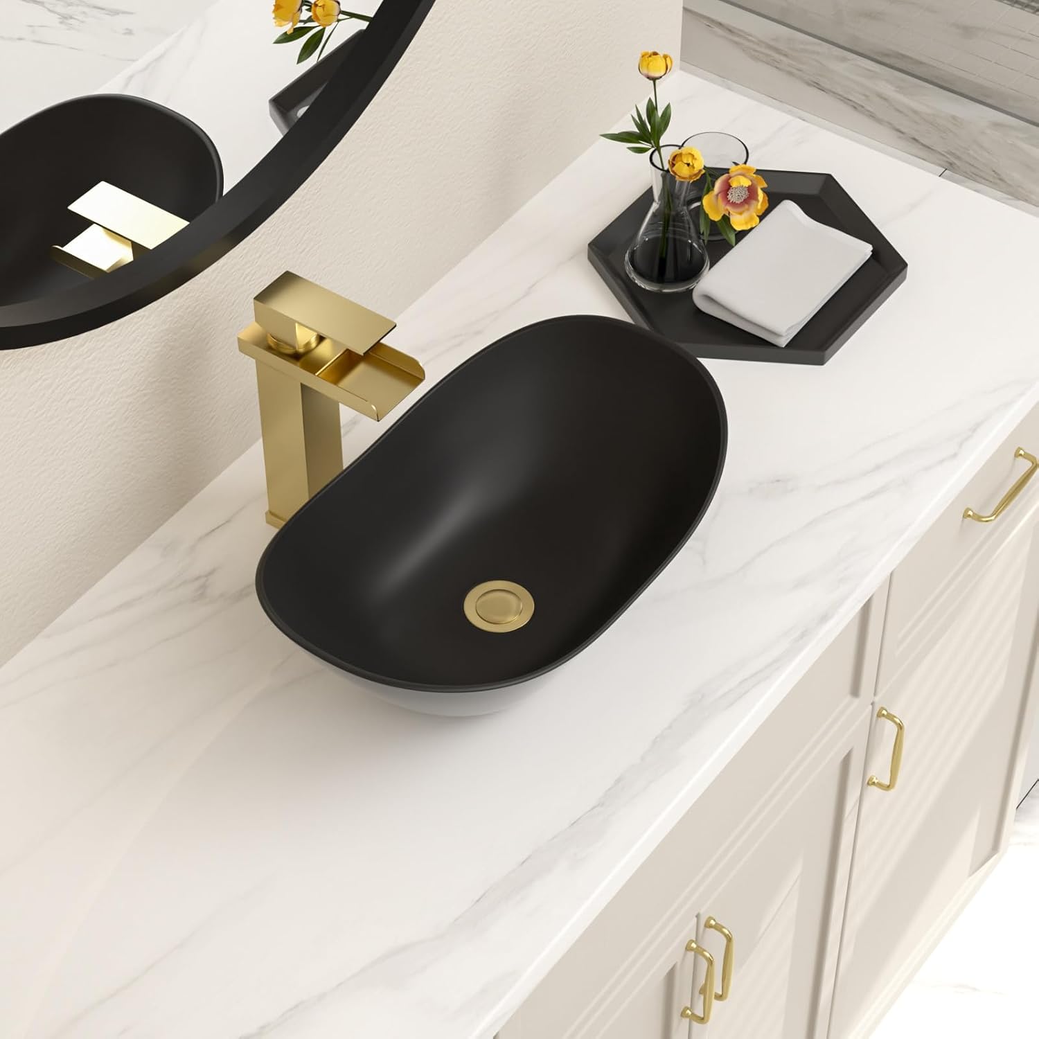 Bowl Sinks For Bathrooms 17in  x 11in  Oval Black Vessel Sink Modern Boat Shape Artistic Basin Bathroom Vessel Sink Above Counter Porcelain Ceramic Black Vessel Sink Small Deep Vessel Sink