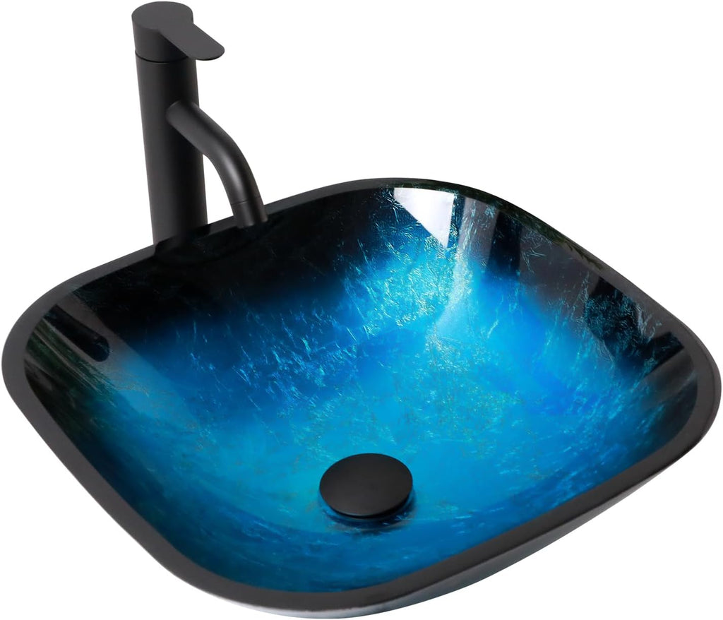 Bowl Sinks For Bathrooms Elegant And Space-Saving Boat Shape Rectangular Glass Vessel Sink With Faucet And Drain Combo Small Modern Artistic Basin Sink,Rectangle Sky Blue,LOF-LMPG002