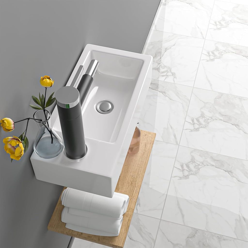 15 Inch Wall-Mounted Vessel Sinks, Lofeyo Bathroom Floating White Ceramic Porcelain Vanity Sink Art Basin with Left Single Faucet Hole