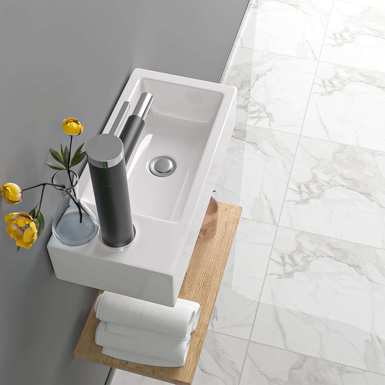 15 Inch Wall-Mounted Vessel Sinks, Lofeyo Bathroom Floating White Ceramic Porcelain Vanity Sink Art Basin with Left Single Faucet Hole