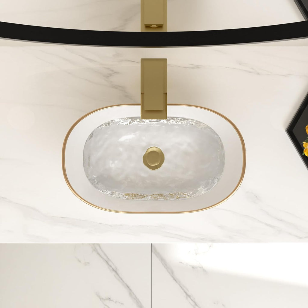 Bowl Sinks For Bathrooms 17in  x 11in  Oval White Vessel Sink With Gold Rim Modern Boat Shape Artistic Basin Bathroom Vessel Sink Above Counter Porcelain Ceramic Vessel Sink Small Deep Vessel Sink