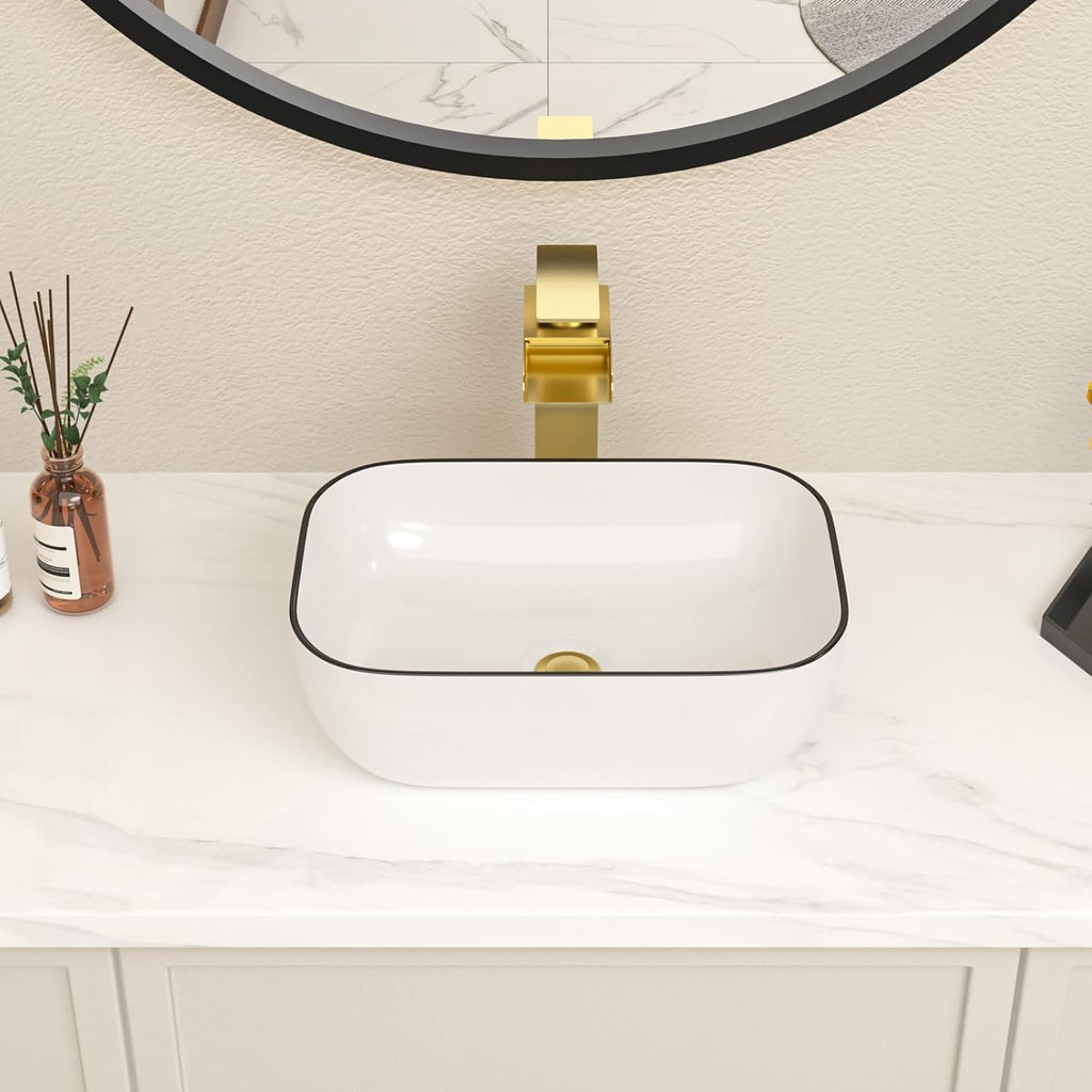 Bowl Sink for Bathroom 15in  x 10in  Rectangle Boat Shape White Vessel Sink with Black Rim Above Counter Porcelain Ceramic Round Oval Modern Artistic Basin Bowl Sink LOF-15105-HB