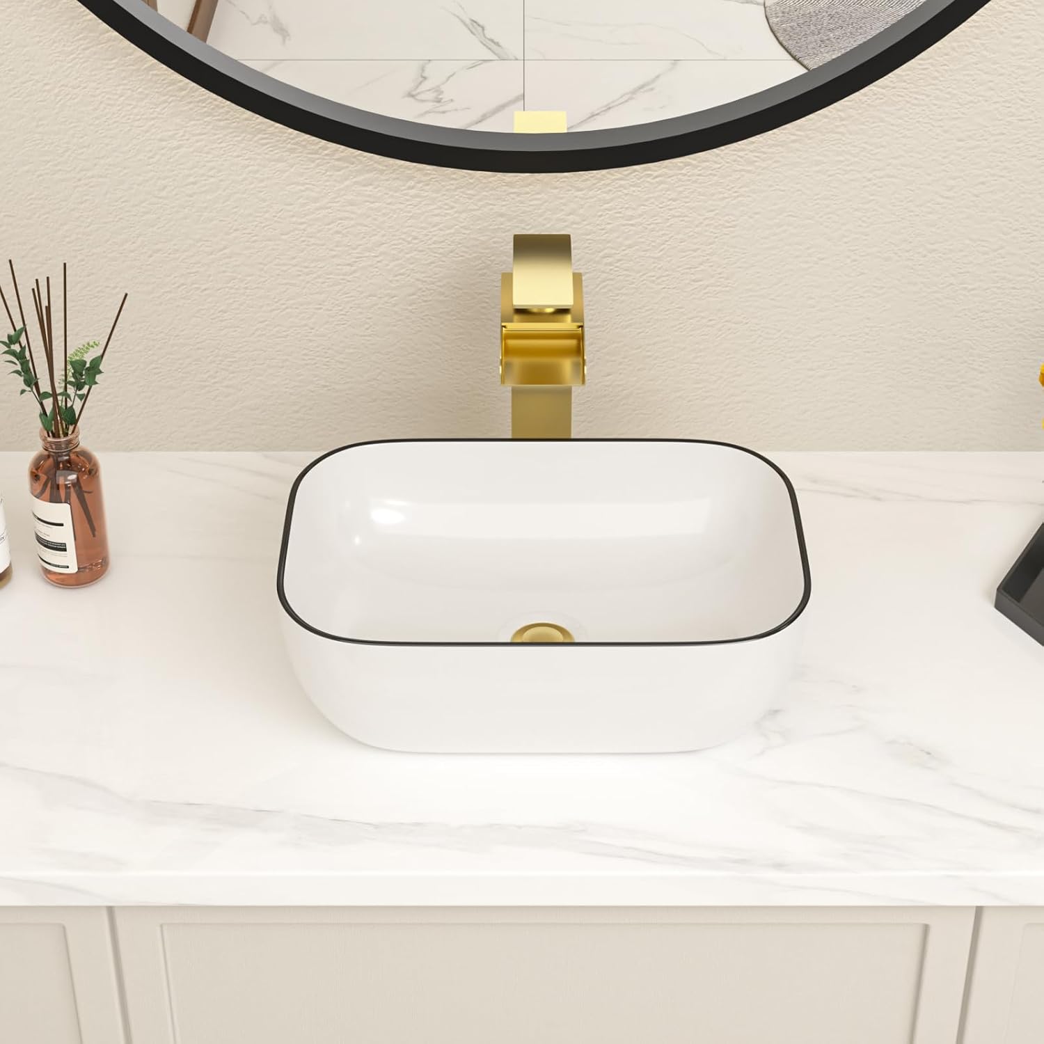 Bowl Sink for Bathroom 15in  x 10in  Rectangle Boat Shape White Vessel Sink with Black Rim Above Counter Porcelain Ceramic Round Oval Modern Artistic Basin Bowl Sink LOF-15105-HB